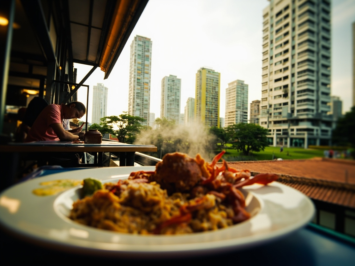 A plate of local hawker food with HDB blocks in the background at dusk
