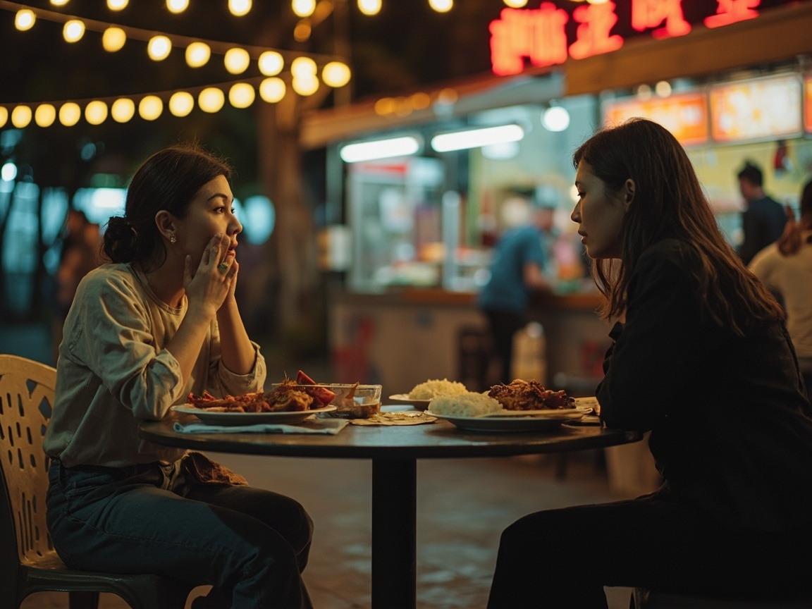Two friends talking quietly at a hawker centre table in the evening