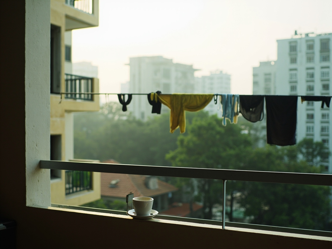 A cup of coffee on an HDB apartment balcony in the early morning