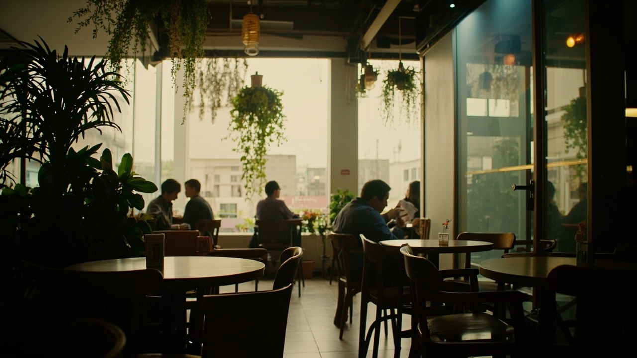 A cozy neighbourhood café interior with wooden tables and warm afternoon light